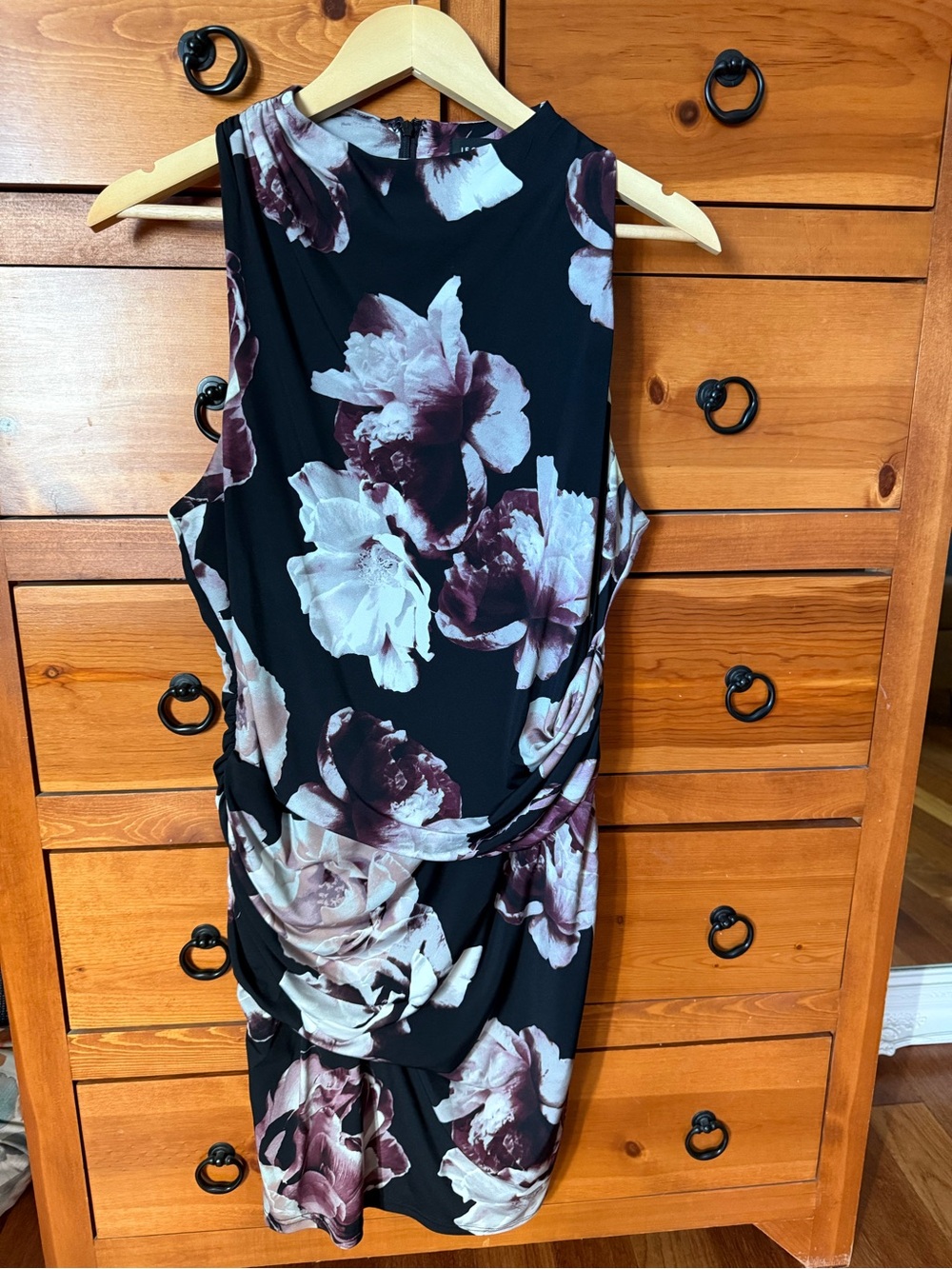 le chateau Black Midi Dress with Blush and Burgundy Floral Print